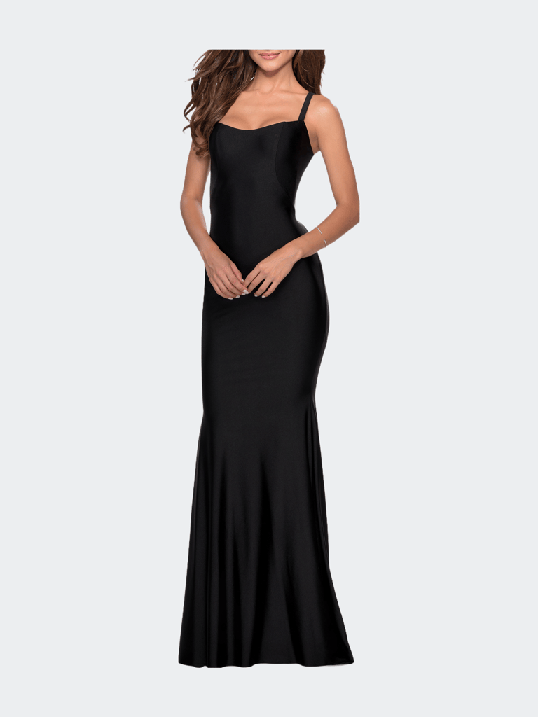 Form Fitting Prom Dress with Dramatic Lace Up Back - Black