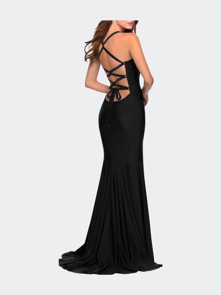Form Fitting Prom Dress with Dramatic Lace Up Back