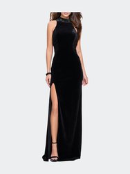 Form Fitting Velvet Prom Dress with High Neckline - Black