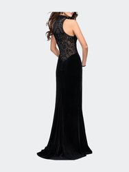 Form Fitting Velvet Prom Dress with High Neckline