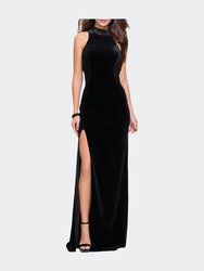 Form Fitting Velvet Prom Dress with High Neckline - Black