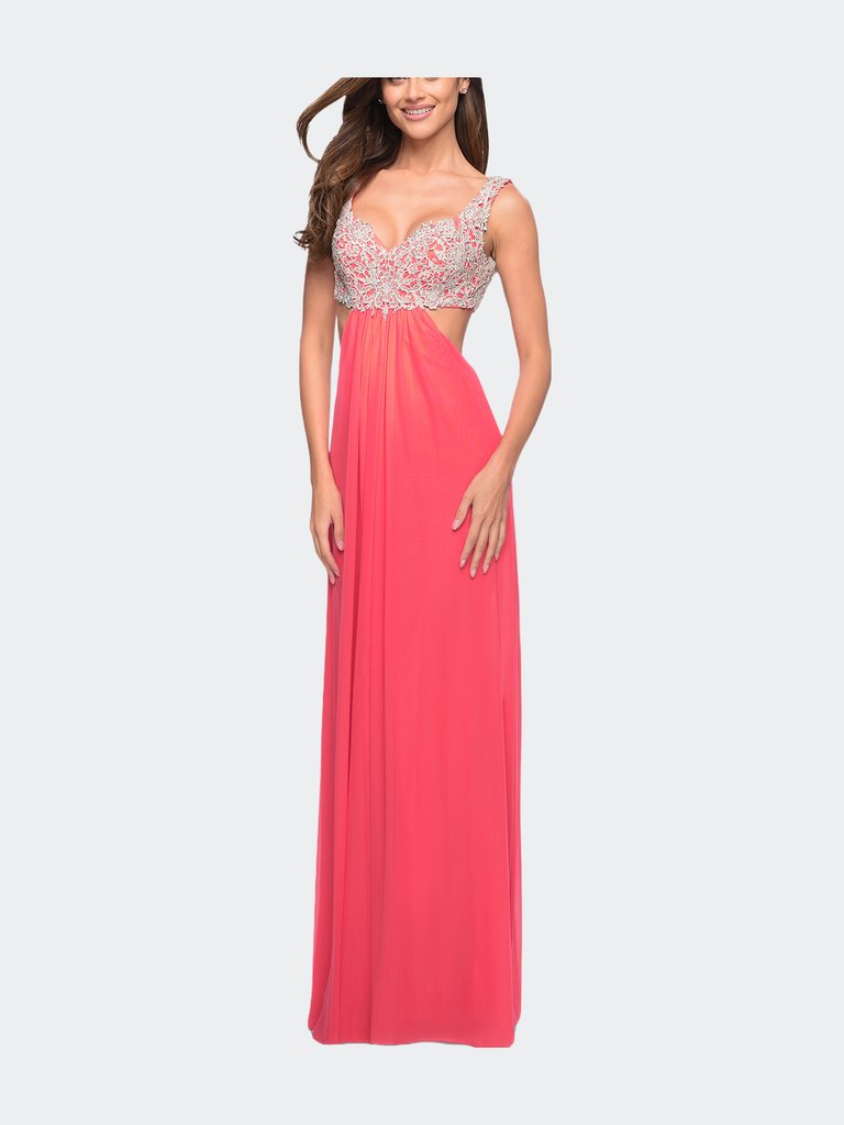 Full Length Net Jersey Dress with Beaded Embroidery - Pink Grapefruit