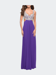 Full Length Net Jersey Dress with Beaded Embroidery - Royal Purple