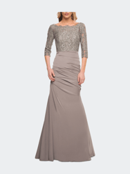 Gathered Mermaid Satin Gown with Lace Top - Platinum