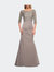 Gathered Mermaid Satin Gown with Lace Top - Platinum