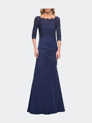 Gathered Mermaid Satin Gown with Lace Top - Navy
