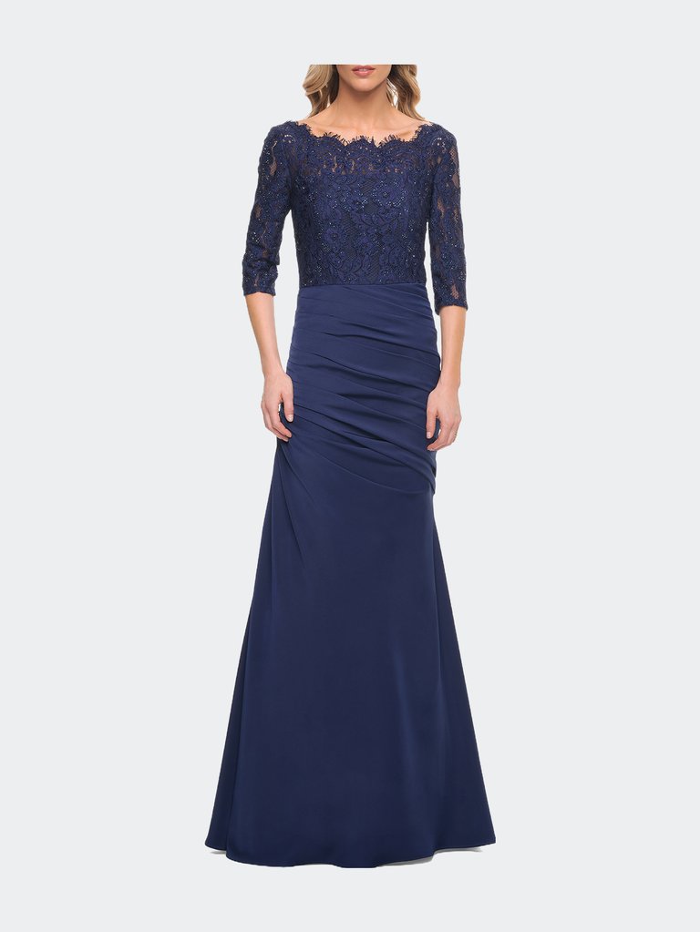 Gathered Mermaid Satin Gown with Lace Top - Navy