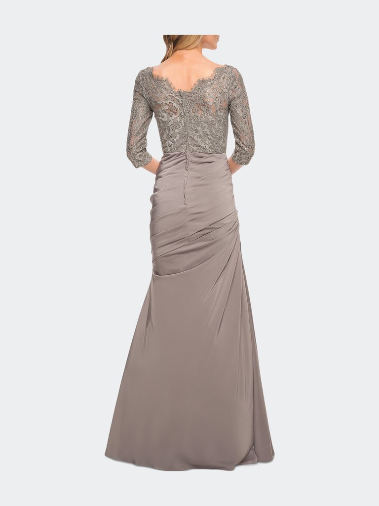 Gathered Mermaid Satin Gown with Lace Top