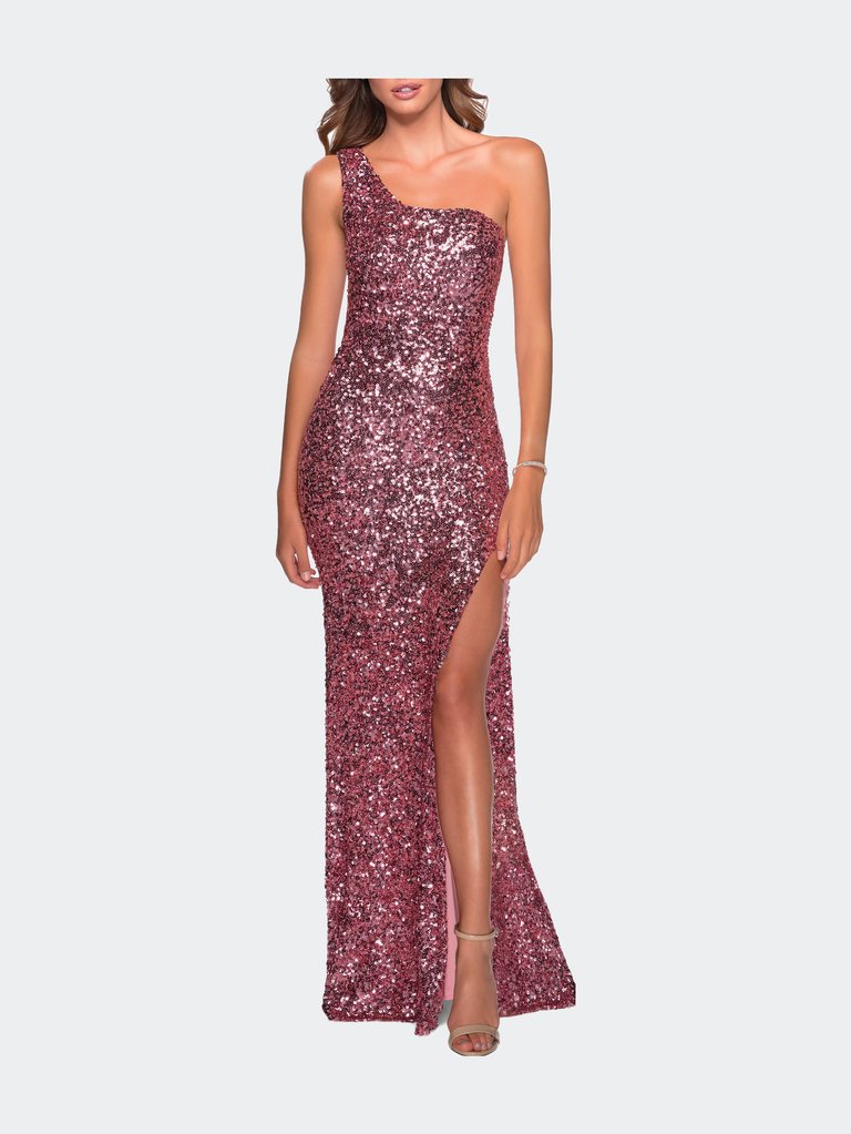 Glamorous One Shoulder Sequin Prom Gown - Pink