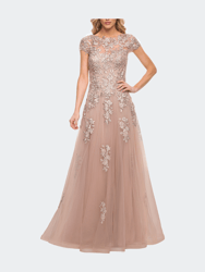 Gorgeous Lace And Tulle Gown With Full Skirt And Sleeves - Blush