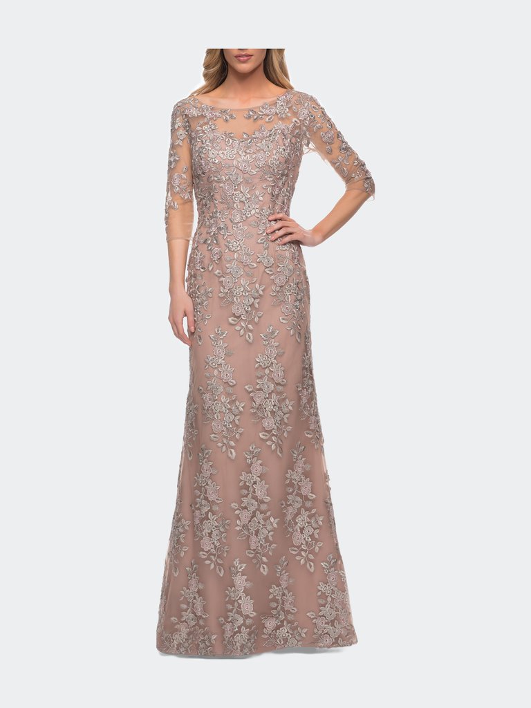 Gorgeous Lace Long Gown with Three-Quarter Sleeves - Champagne