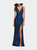 Gorgeous Metallic Jersey Gown With Ruffle Detail - Navy