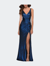 Gorgeous Metallic Jersey Gown With Ruffle Detail - Navy