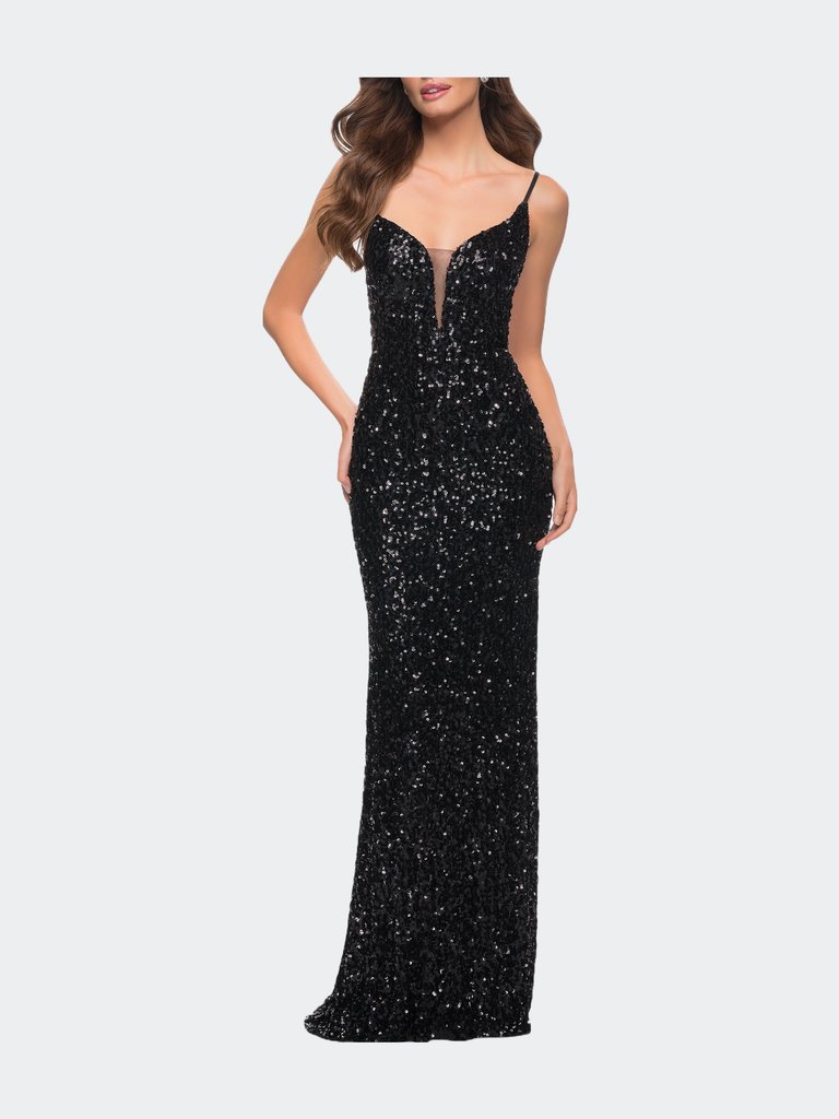 Gorgeous Sequin Dress with V Neck and Open Back - Black