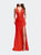 Halter Top Prom Dress With Deep V Neckline And Slit - Poppy Red
