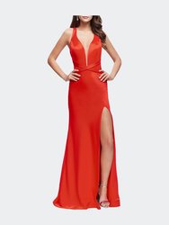 Halter Top Prom Dress With Deep V Neckline And Slit