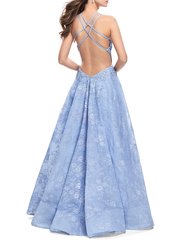 High Neck A-Line Gown With Beaded Bodice And Pockets
