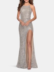 High Neck Sequin Gown With Open Back And Slit - Silver