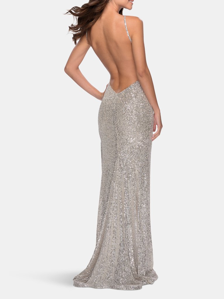 High Neck Sequin Gown With Open Back And Slit