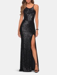 High Neck Sequin Gown With Open Back And Slit - Black