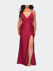 Jersey Dress For Curves With Slit And Criss Cross Back - Burgundy