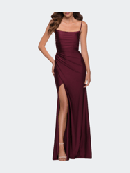 Jersey Dress with Square Neckline and Ruching - Dark Berry
