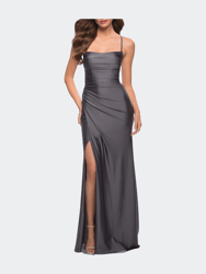 Jersey Dress with Square Neckline and Ruching - Gunmetal