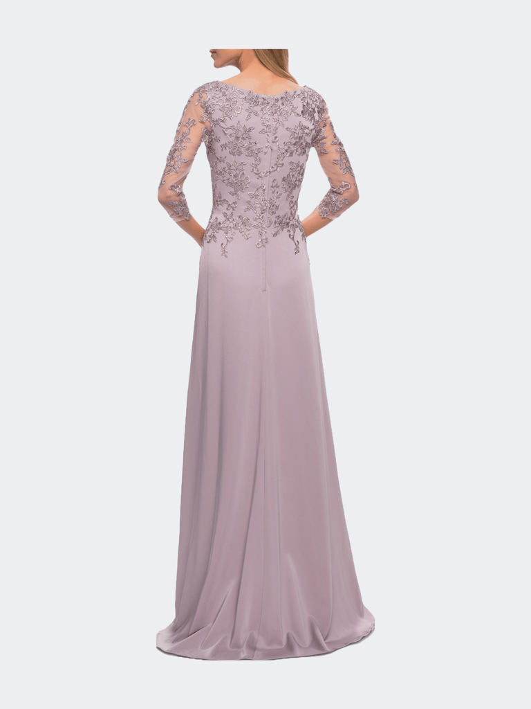 Jersey Gown with Boat Neckline and Lace Detailing