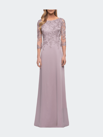 La Femme Jersey Gown with Boat Neckline and Lace Detailing product