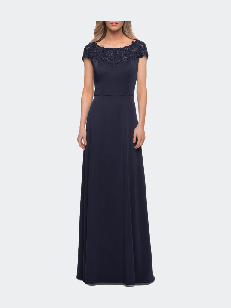 Jersey Gown with Full Skirt and Lace Detail Top - Navy