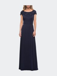Jersey Gown with Full Skirt and Lace Detail Top - Navy