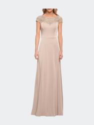 Jersey Gown with Full Skirt and Lace Detail Top - Champagne