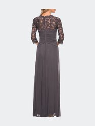 Jersey Gown With Knot Detail And Lace Sleeves