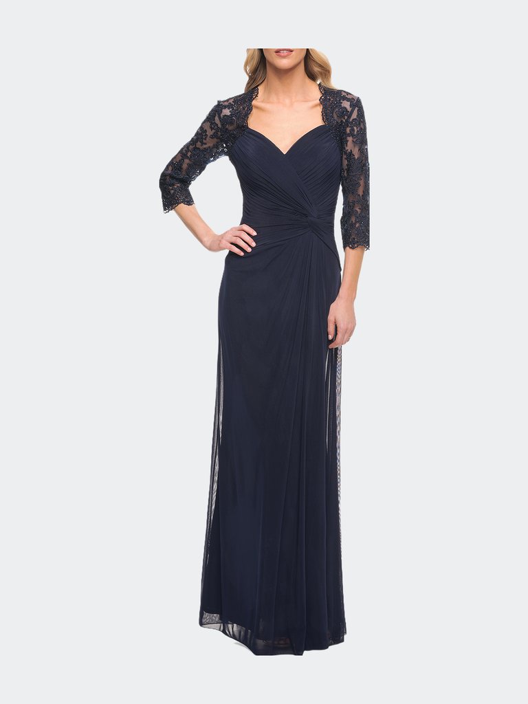 Jersey Gown With Knot Detail And Lace Sleeves - Navy
