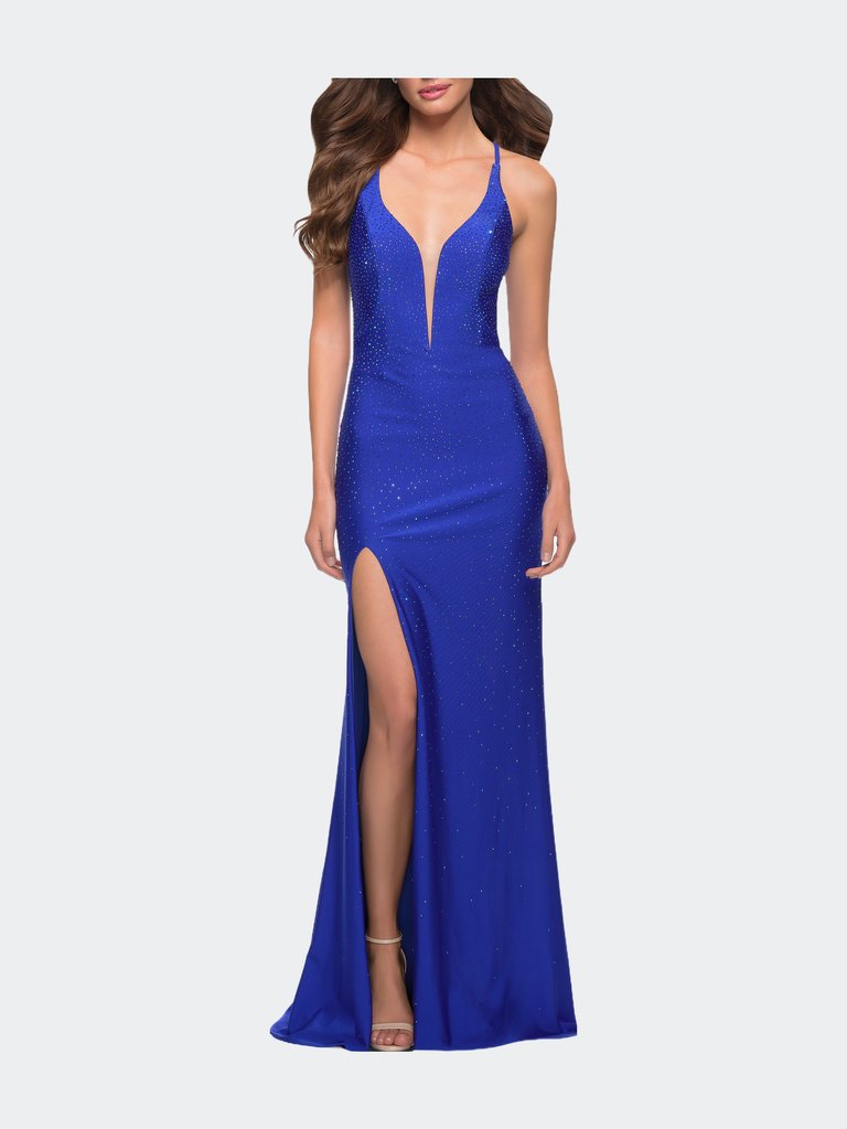 Jersey Gown With Rhinestones And Deep V Neckline - Royal Blue