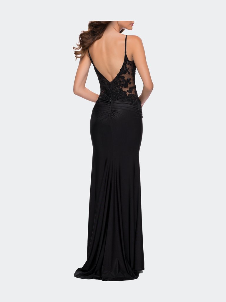Jersey Gown With Sheer Lace Bodice And Ruching
