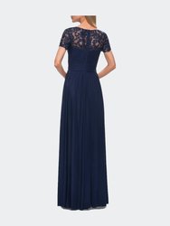 Jersey Long Evening Dress with Short Lace Sleeves