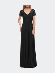 Jersey Long Evening Dress with Short Lace Sleeves - Black