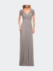 Jersey Long Evening Dress with Short Lace Sleeves - Silver