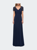 Jersey Long Evening Dress with Short Lace Sleeves - Navy