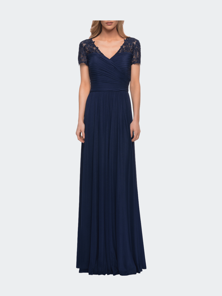 Jersey Long Evening Dress with Short Lace Sleeves - Navy