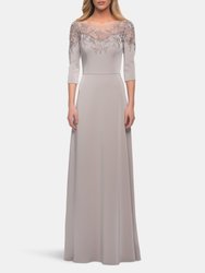 Jersey Mother of the Bride Gown with Lace Neckline - Silver