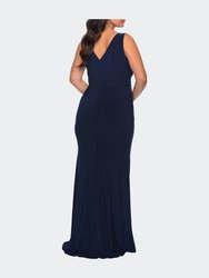 Jersey Plus Size Dress with V-Neckline and Slit