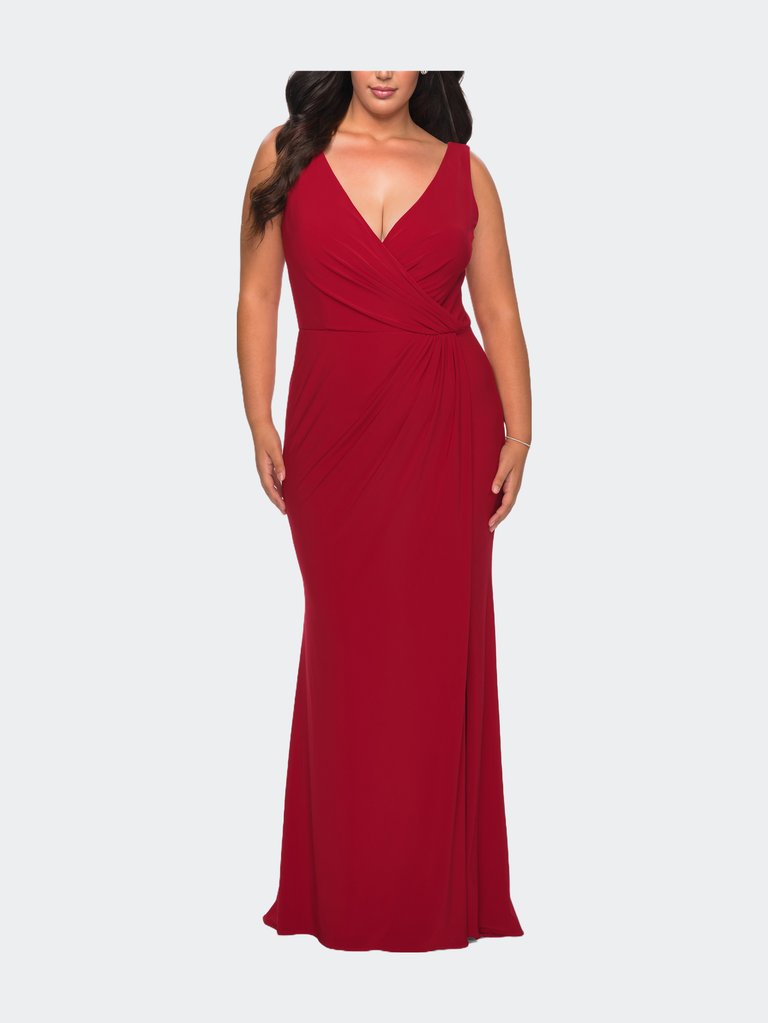 Jersey Plus Size Dress with V-Neckline and Slit - Deep Red