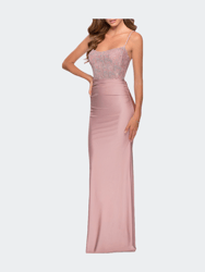 Jersey Prom Dress With Lace Bodice And Rhinestones - Mauve