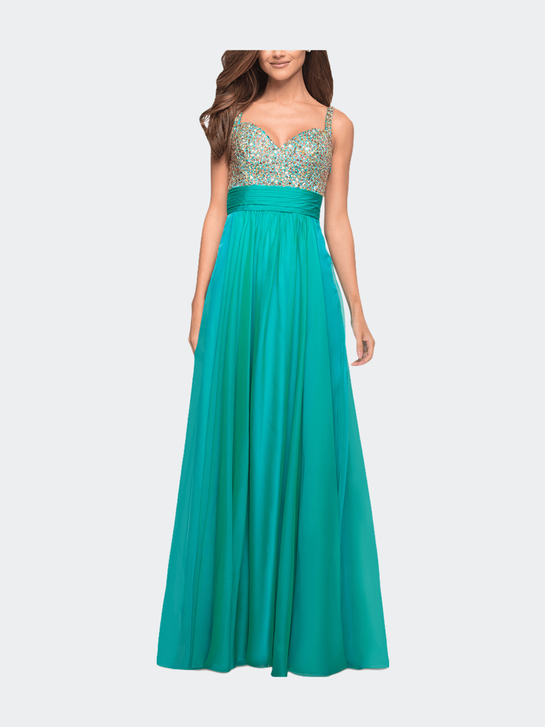 Jewel Encrusted Prom Gown With A-line Skirt - Peacock