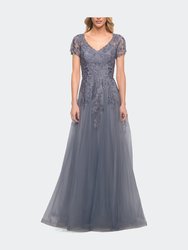 Lace and Tulle A-line Evening Gown with Cap Sleeve