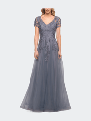 Lace and Tulle A-line Evening Gown with Cap Sleeve