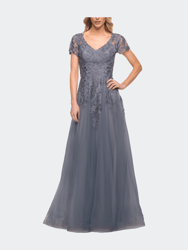 Lace and Tulle A-line Evening Gown with Cap Sleeve - Slate