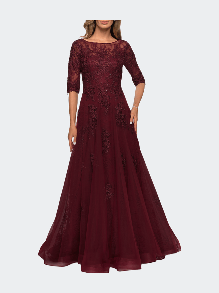 Lace and Tulle A-line Gown with Three Quarter Sleeves - Burgundy